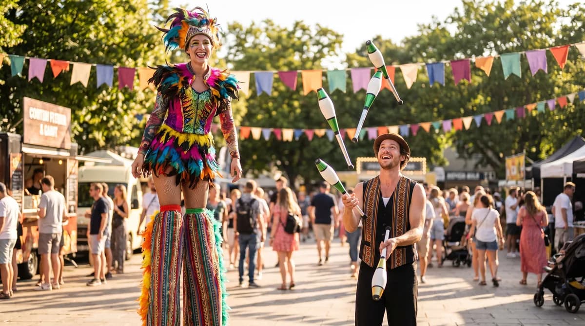 A stilt walker in a colourful feathered costume beside a juggler mid-throw at an outdoor festival