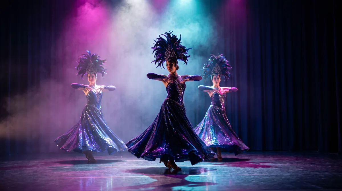 Three dancers in sequined costumes and tall feathered headdresses performing in formation on a Las Vegas stage