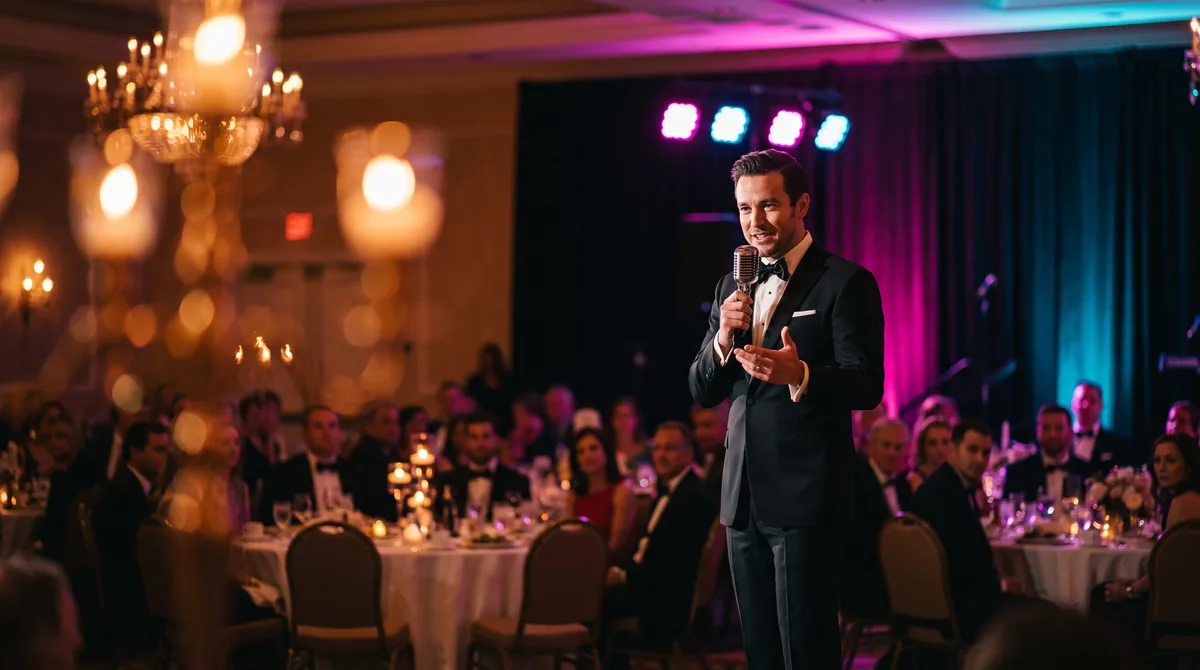 A master of ceremonies in a tuxedo addressing a seated audience with a handheld microphone