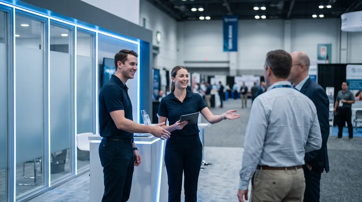 Two brand ambassadors in matching polo shirts greeting visitors at a modern trade show booth