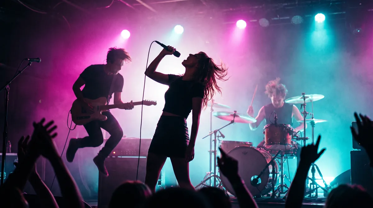 A vocalist at the microphone with a band behind her, performing under magenta and cyan stage lighting