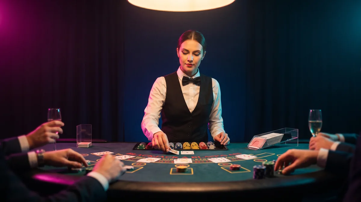 A croupier in a waistcoat and bow tie dealing cards at a private casino party blackjack table